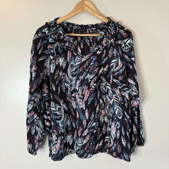 Talbots Feathers Blouse Smocked Neckline Long Sleeve Black Top Sz Large - Picture 1 of 9